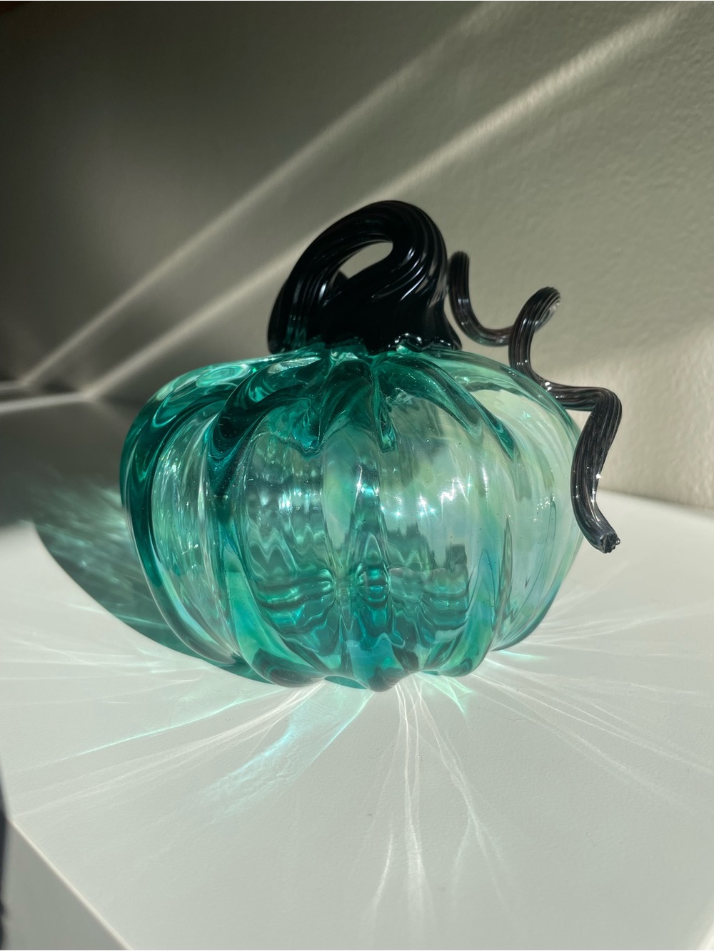 Teal Glass Pumpkin Sculpture with Dark Stem - Picture 2 of 12